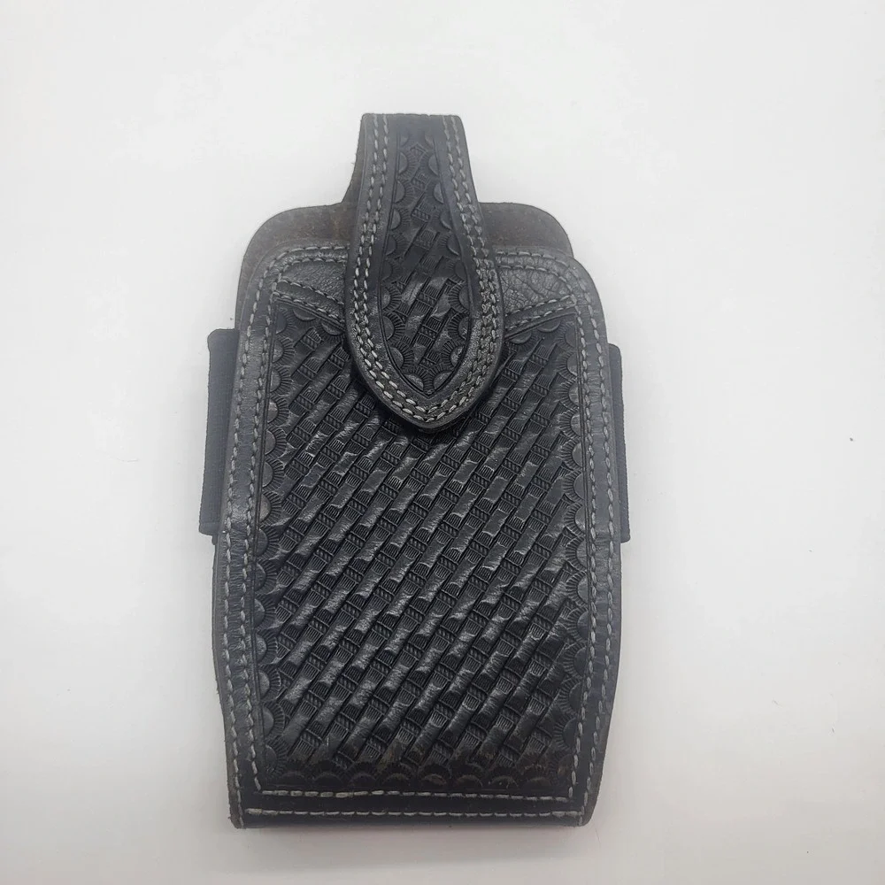 Western Black Leather Phone Holster With Basketweave Pattern And Swivel Clip - Picture 1 of 14